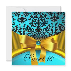 YELLOW GOLD RIBBON TEAL AQUA BLUE BLACK DAMASK