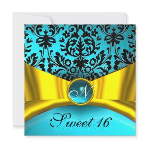 YELLOW GOLD RIBBON TEAL BLUE BLACK DAMASK MONOGRAM