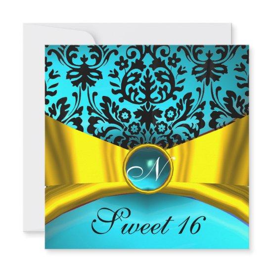 YELLOW GOLD RIBBON TEAL BLUE BLACK DAMASK MONOGRAM