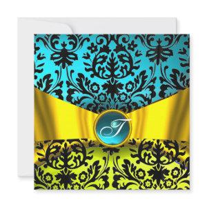 YELLOW GOLD RIBBON TEAL BLUE BLACK DAMASK MONOGRAM