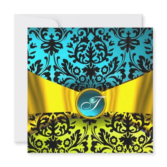 YELLOW GOLD RIBBON TEAL BLUE BLACK DAMASK MONOGRAM