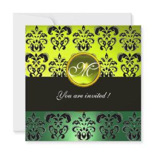 YELLOW GREEN BLACK DAMASK MONOGRAM,  topaz
