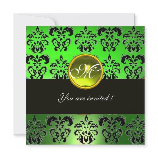 YELLOW GREEN BLACK DAMASK MONOGRAM,  topaz