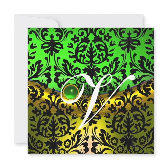 YELLOW GREEN EMERALD BLACK DAMASK MONOGRAM