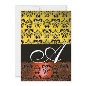 YELLOW ORANGE BLACK DAMASK MONOGRAM ,bright white