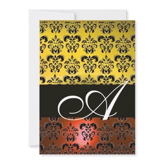 YELLOW ORANGE BLACK DAMASK MONOGRAM ,bright white