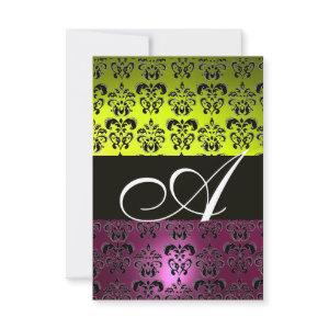 YELLOW PINK PURPLE BLACK  DAMASK MONOGRAM fuchsia