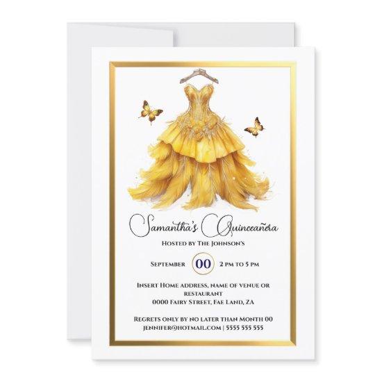 Yellow Quinceañera ballgown gold butterfly elegant