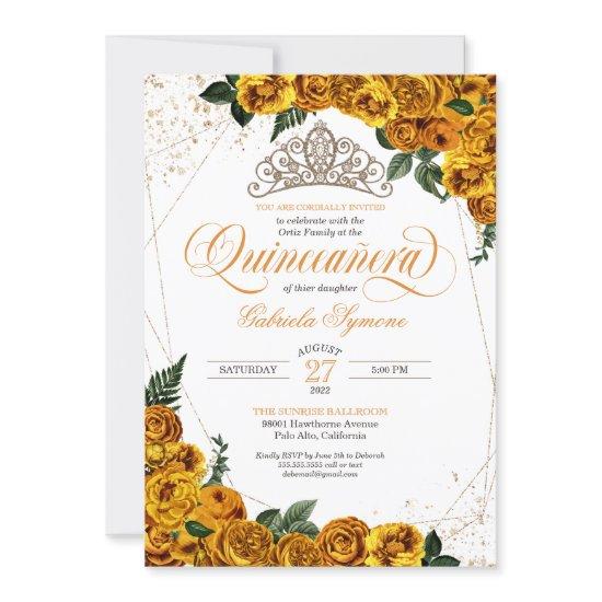 Yellow Roses & Gold Tiara Elegant Quinceañera