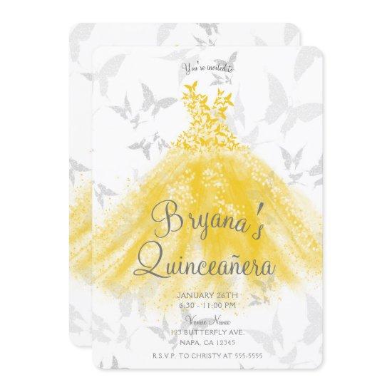 Yellow Silver Butterfly Dance Dress Quinceañera