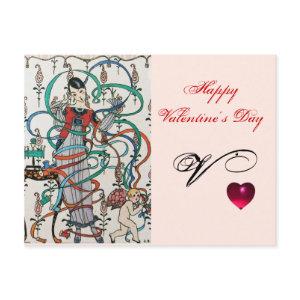 YOUNG GIRL,COLORFUL RIBBON SWIRLS,CUPID Valentine Holiday Postcard