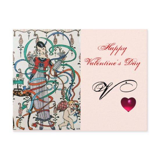 YOUNG GIRL,COLORFUL RIBBON SWIRLS,CUPID Valentine Holiday Postcard