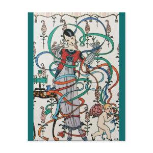 YOUNG GIRL,COLORFUL RIBBON SWIRLS,CUPID Valentine Holiday Postcard