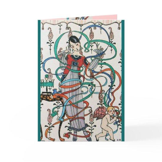 YOUNG GIRL,COLORFUL RIBBONS,SWIRLS,CUPID Valentine Holiday Card