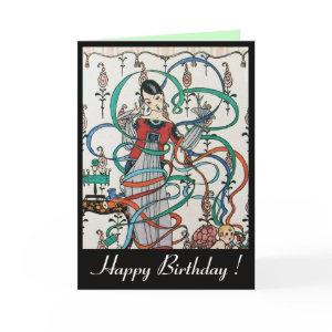 YOUNG LADY ,COLORFUL RIBBON SWIRLS,CUPID Birthday Card